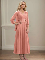 A-line V-Neck Ankle-Length Chiffon Mother of the Bride Dress With Sequins Appliques Lace Beading