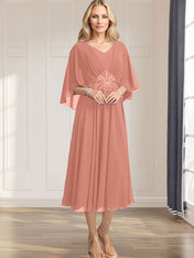 A-line V-Neck Tea-Length Chiffon Mother of the Bride Dress With Pleated Sequins Appliques Lace Beadind