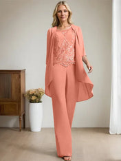 Separates Jumpsuit/Pantsuit Scoop Floor-Length Chiffon Lace Mother of the Bride Dress With Beading Sequins