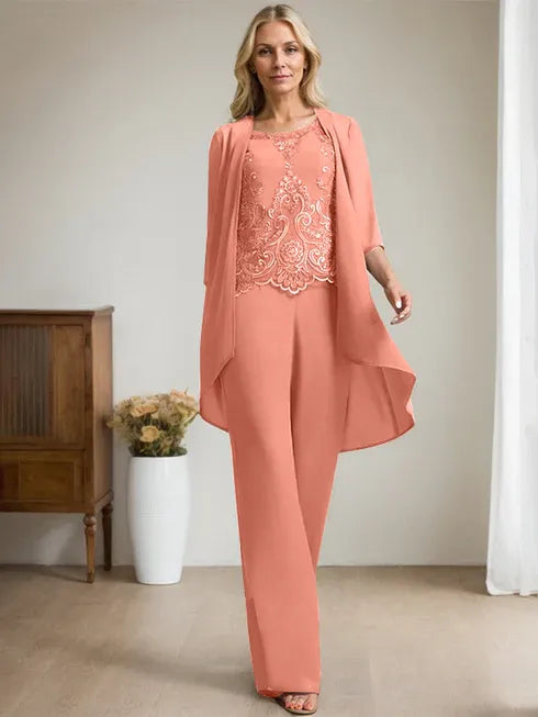 Pantsuit Scoop Floor-Length Chiffon Lace Mother of the Bride Dress With Beading Sequins