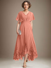 A-line V-Neck Asymmetrical Lace Chiffon Mother of the Bride Dress With Pleated