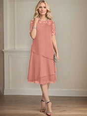 A-line Scoop Illusion Knee-Length Lace Chiffon Mother of the Bride Dress With Sequins