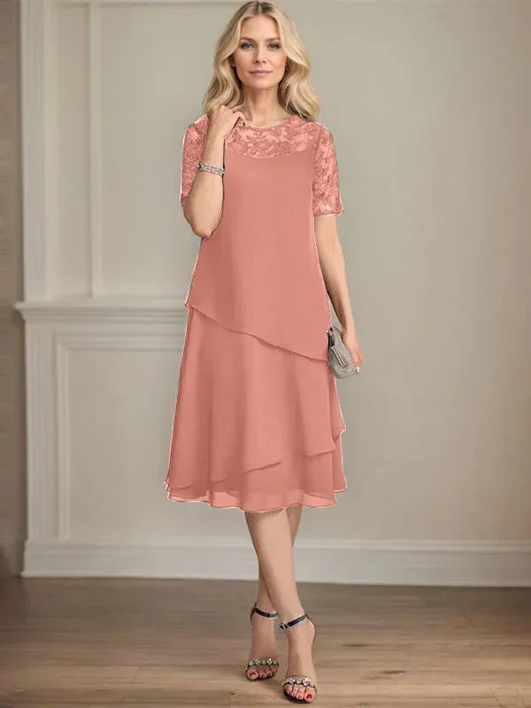 A-line Scoop Illusion Knee-Length Lace Chiffon Mother of the Bride Dress With Sequins
