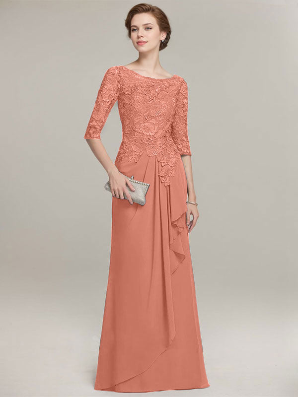 A-line Scoop Illusion Floor-Length Lace Chiffon Mother of the Bride Dress With Cascading Ruffles