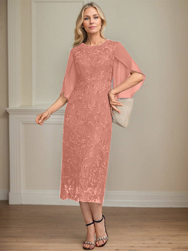Column Scoop Tea-Length Lace Chiffon Mother of the Bride Dress