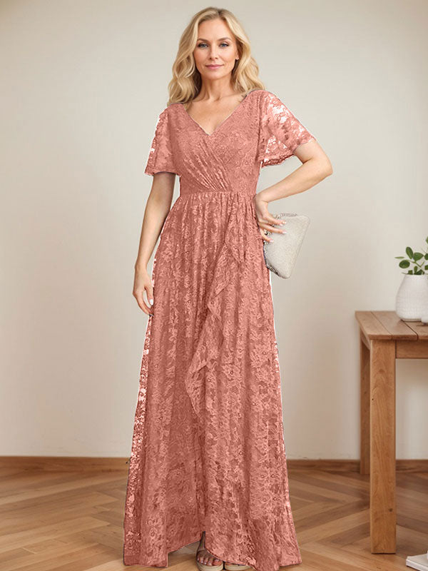 A-Line V-Neck Asymmetrical Lace Mother of the Bride Dress With Cascading Ruffles