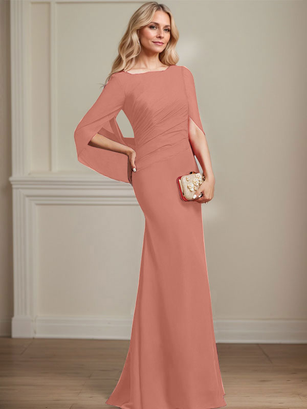 Mermaid Boat Neck Floor-Length Chiffon Mother of the Bride Dress With Pleated