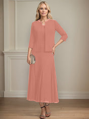 Separates A-line Scoop Tea-Length Chiffon Mother of the Bride Dress With Sequins Beading