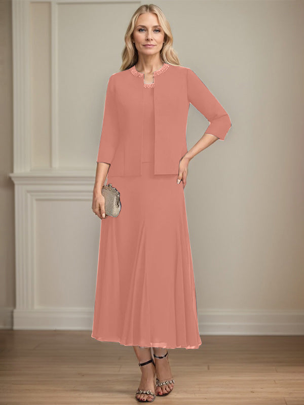 Separates A-line Scoop Tea-Length Chiffon Mother of the Bride Dress With Sequins Beading