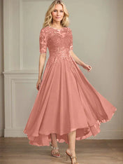 A-line Scoop Illusion Asymmetrical Chiffon Lace Mother of the Bride Dress With Sequins
