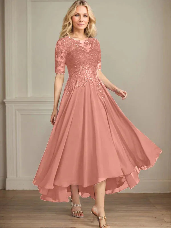 Robe de mère de la mariée asymétrique en mousseline de soie et dentelle, coupe trapèze, décolleté en V, illusion, avec paillettes 