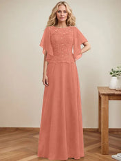 A-line Scoop Illusion Floor-Length Lace Chiffon Mother of the Bride Dress With Sequins