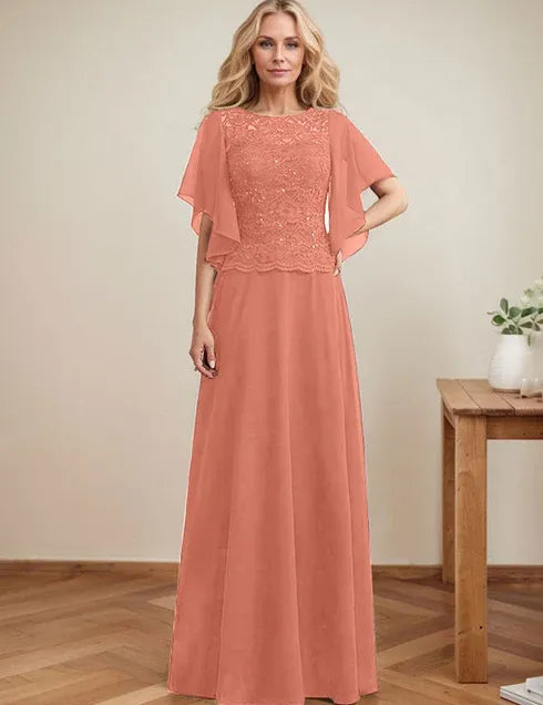 A-line Scoop Illusion Floor-Length Lace Chiffon Mother of the Bride Dress With Sequins