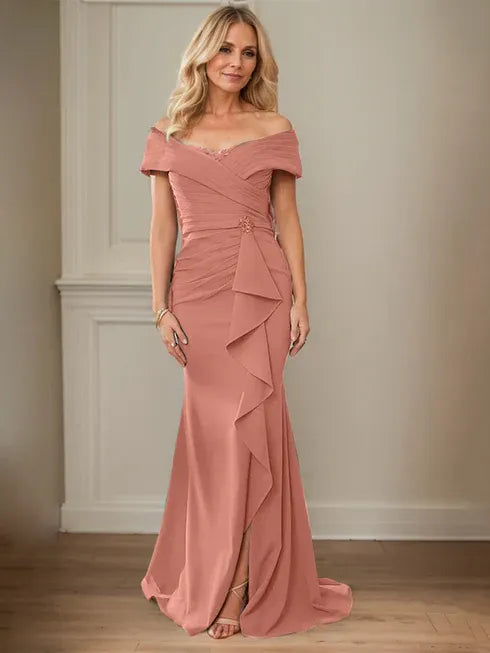 Column V-Neck Illusion Floor-Length Lace Chiffon Mother of the Bride Dress With Pleated Sequins