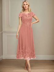 A-line Illusion Scoop Tea-Length Lace Chiffon Mother of the Bride Dress With Sequins