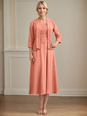 A-line Scoop Tea-Length Lace Chiffon Mother of the Bride Dress