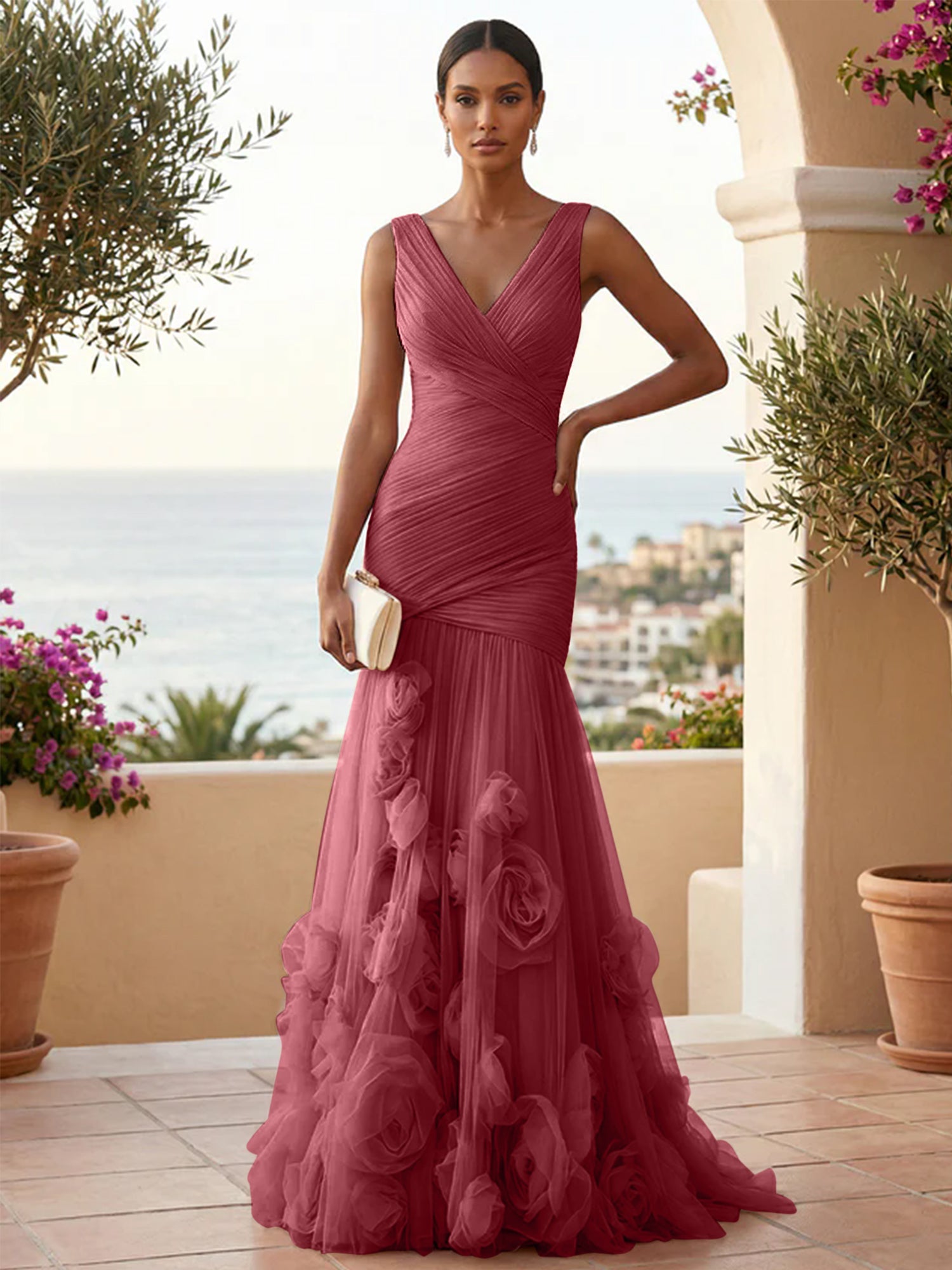 Sweetheart Tulle V Neck Pleat Mermaid Evening Dresses with 3D Flower
