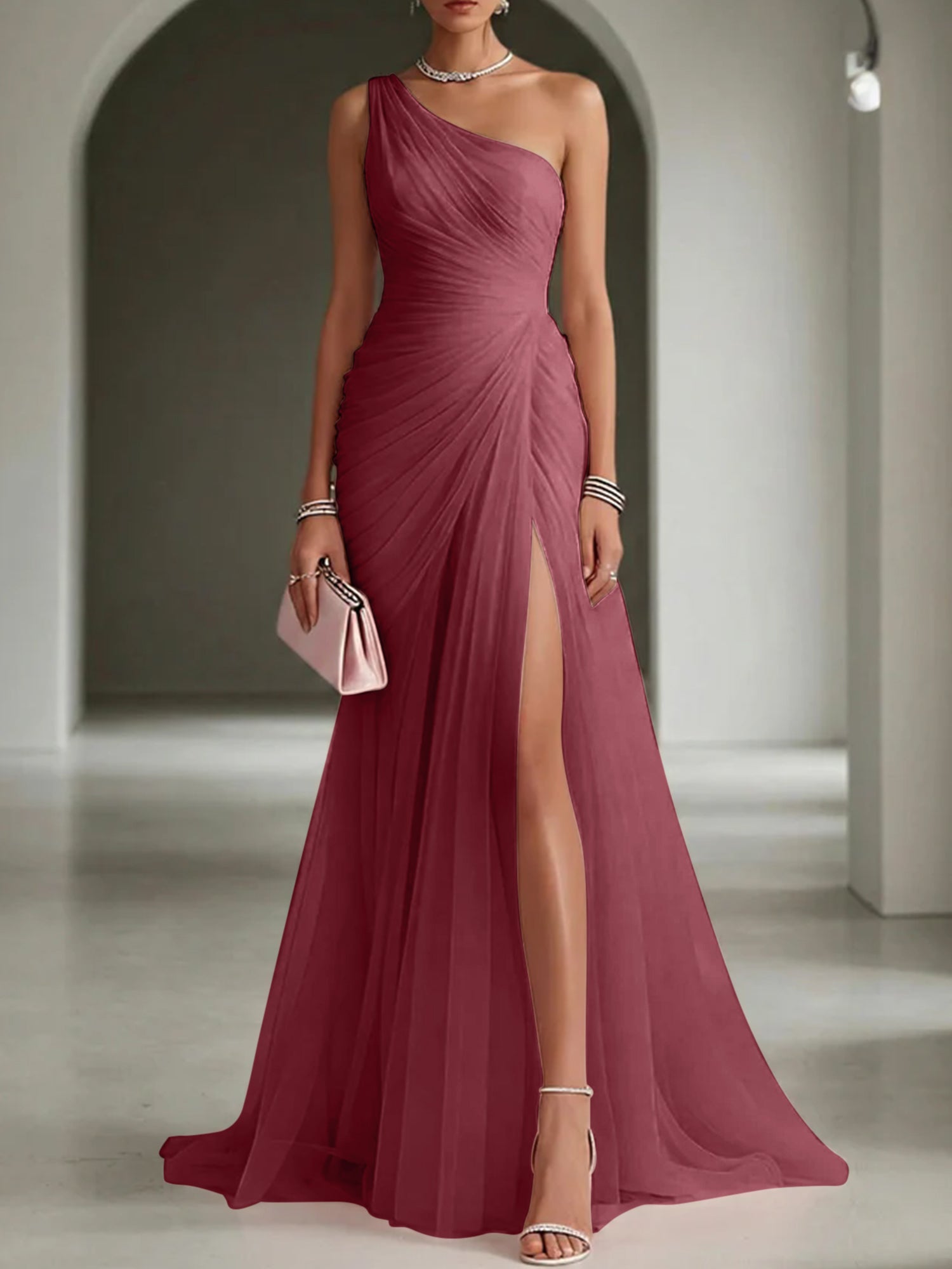Pink Ruched Slit Tulle Strapless One Shoulder Sheath Gown Dress