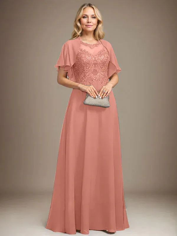 Robe de mère de la mariée trapèze en mousseline de soie et dentelle, longueur au sol, avec décolleté en V et paillettes 