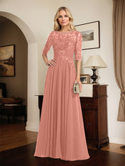 A-line Scoop Illusion Floor-Length Chiffon Lace Mother of the Bride Dress With Pleated Sequins