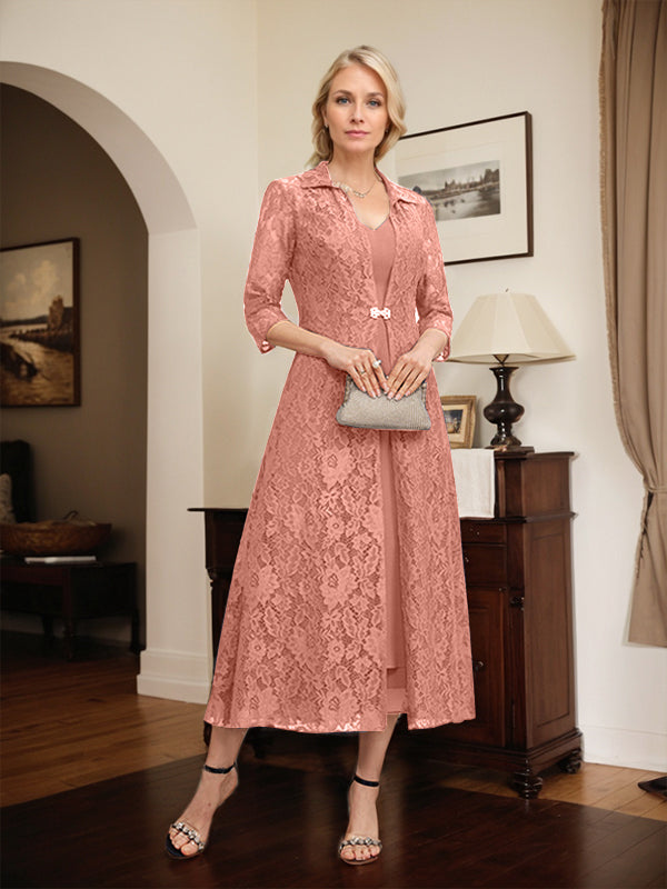 A-line V-Neck Tea-Length Chiffon Mother of the Bride Dress