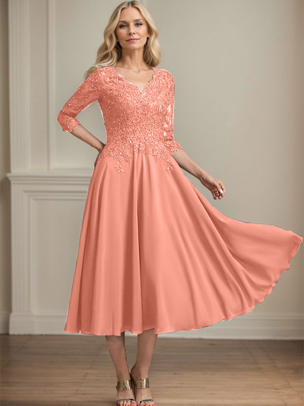 A-line V-Neck Tea-Length Chiffon Lace Mother of the Bride Dress With Beading Sequins