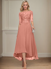 A-line Boat Neck Illusion Asymmetrical Chiffon Lace Mother of the Bride Dress With Sequins Beading