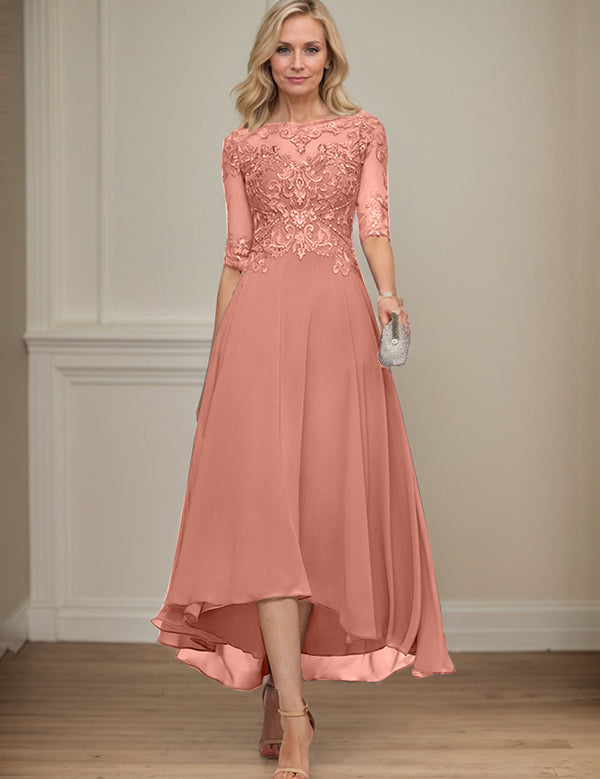 A-line Boat Neck Illusion Asymmetrical Chiffon Lace Mother of the Bride Dress With Sequins Beading