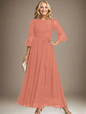 A-line Scoop Ankle-Length Lace Chiffon Mother of the Bride Dress With Bow