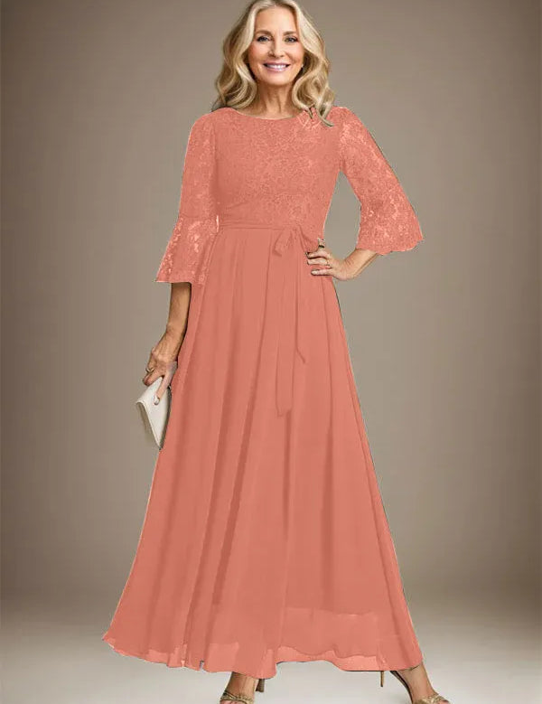 A-line Scoop Ankle-Length Lace Chiffon Mother of the Bride Dress With Bow