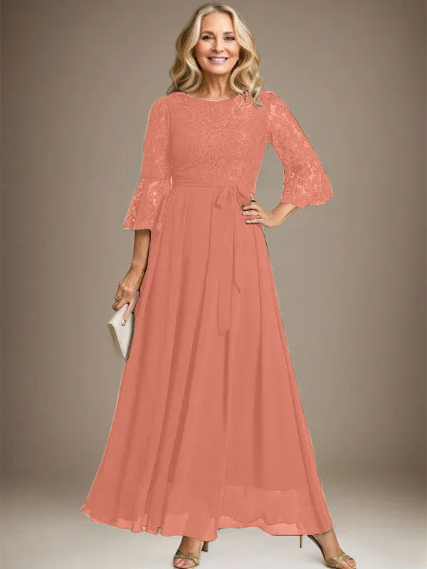 A-line Scoop Ankle-Length Lace Chiffon Mother of the Bride Dress With Bow