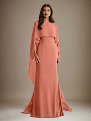 Robe de mère de la mariée en mousseline, coupe fourreau/colonne, col bateau, longueur ras du sol, avec volants en cascade 
