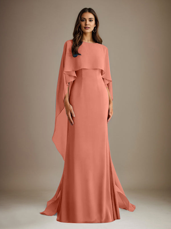 Robe de mère de la mariée en mousseline, coupe fourreau/colonne, col bateau, longueur ras du sol, avec volants en cascade 