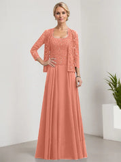 Robe de mère de la mariée trapèze carrée, longueur au sol, en mousseline de soie et dentelle, avec paillettes 