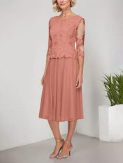 A-line Scoop Tea-Length Lace Chiffon Mother of the Bride Dress With Embroidery
