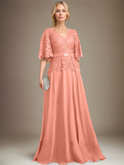 A-line V-Neck Floor-Length Chiffon Lace Mother of the Bride Dress With Crystal Brooch Rhinestone