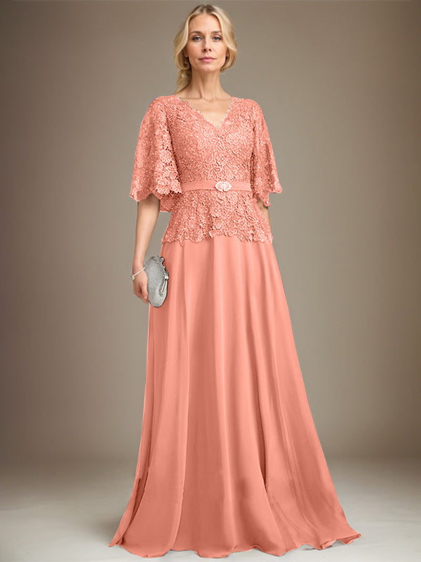 A-line V-Neck Floor-Length Chiffon Lace Mother of the Bride Dress With Crystal Brooch Rhinestone
