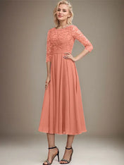 A-line Scoop Tea-Length Lace Chiffon Mother of the Bride Dress With Sequins