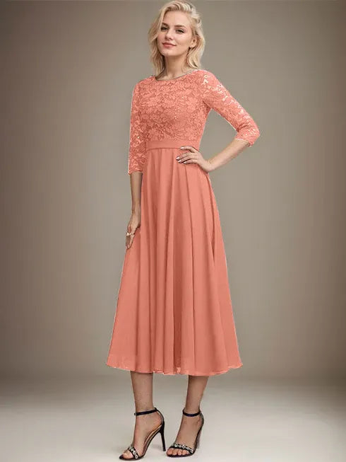 A-line Scoop Tea-Length Lace Chiffon Mother of the Bride Dress With Sequins