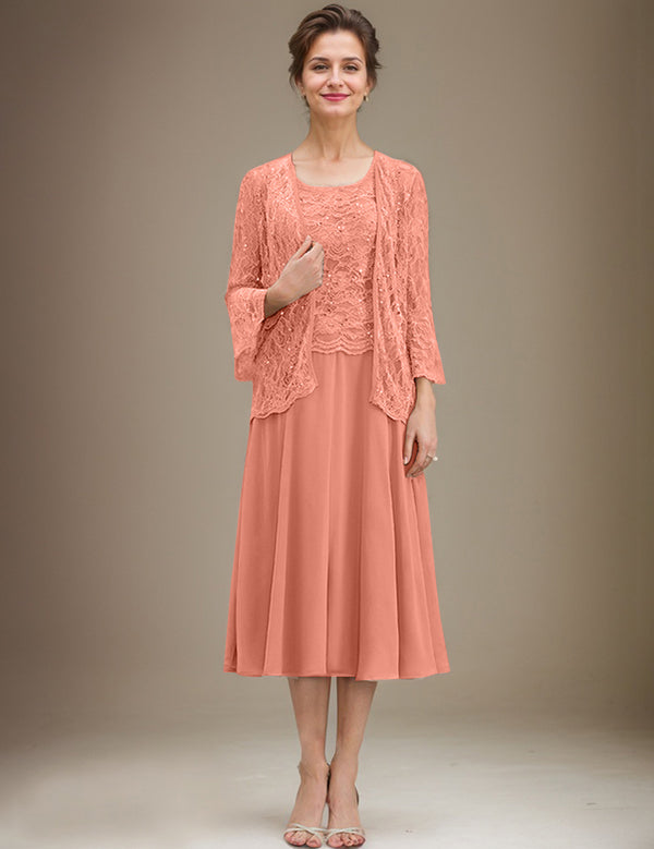 A-line Scoop Tea-Length Lace Chiffon Mother of the Bride Dress With Sequins