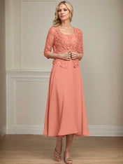 A-line Square Tea-Length Chiffon Lace Mother of the Bride Dress With Sequins Beading