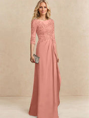 A-line Scoop Illusion Floor-Length Chiffon Lace Mother of the Bride Dress With Beading Sequins Cascading Ruffles