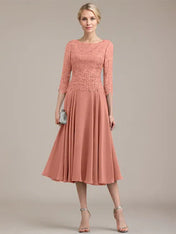 A-line Scoop Tea-Length Lace Chiffon Mother of the Bride Dress
