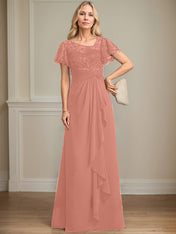 A-line Asymmetrical Illusion Floor-Length Lace Chiffon Mother of the Bride Dress With Cascading Ruffles Sequins