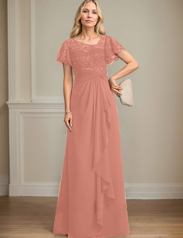 A-line Asymmetrical Illusion Floor-Length Lace Chiffon Mother of the Bride Dress With Cascading Ruffles Sequins