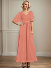 A-line V-Neck Ankle-Length Chiffon Mother of the Bride Dress With Pleated Beading Sequins