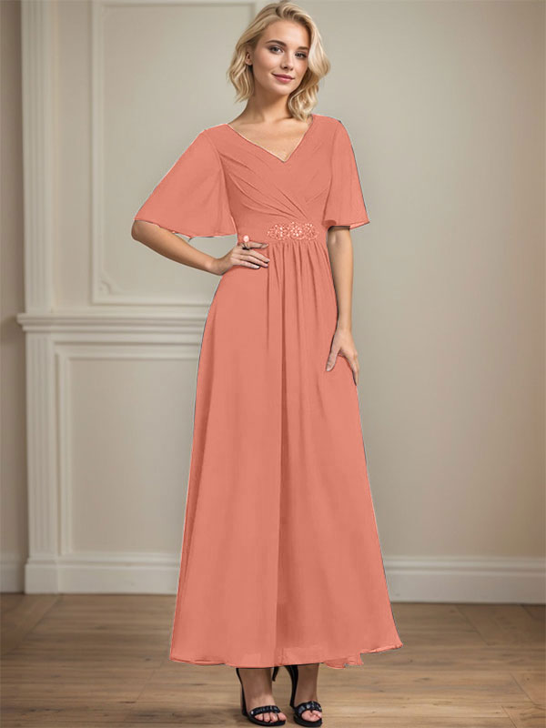 A-line V-Neck Ankle-Length Chiffon Mother of the Bride Dress With Pleated Beading Sequins