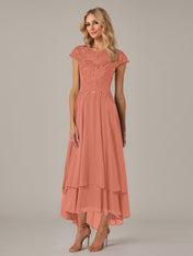 A-line Boat Neck Illusion Asymmetrical Chiffon Lace Mother of the Bride Dress With Applique Pleats