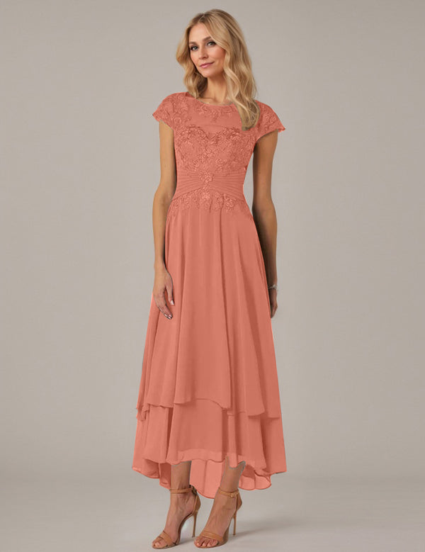A-line Boat Neck Illusion Asymmetrical Chiffon Lace Mother of the Bride Dress With Applique Pleats