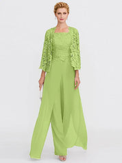 Ensemble 3 pièces en mousseline de soie avec col carré et veste pour mère de la mariée 